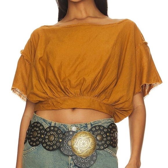 NEW Free People Spiced Pecan Tan Cloud 9 Linen Blend Bubble Tee - Picture 4 of 6